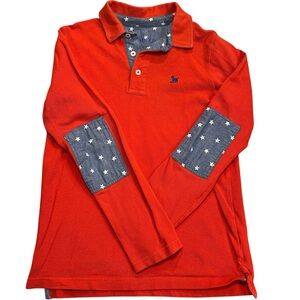 Mini Boden Boys Long Sleeve Orange Polo Shirt Star Elbow Patches Size 11-12 GUC